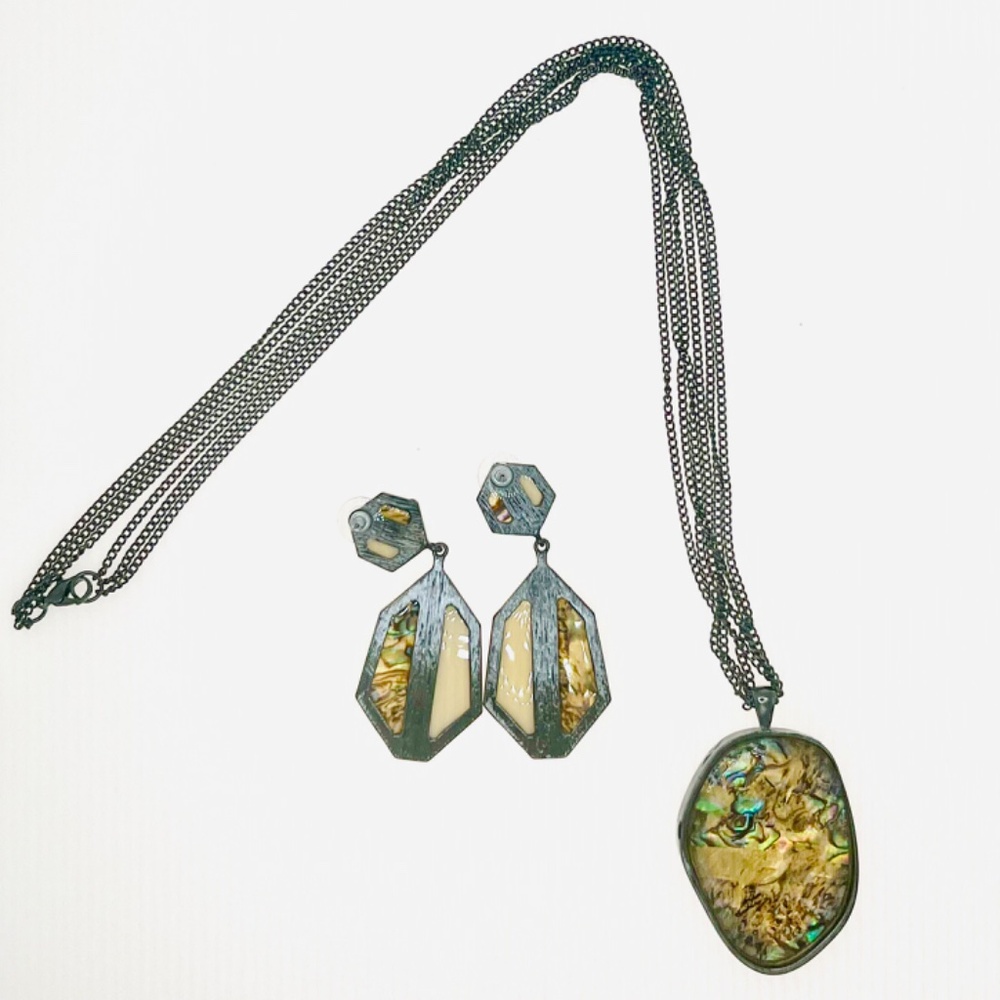 Necklace & Pierced Earrings, Gunmetal and Colorful Simulated Abalone - Picture 2 of 4